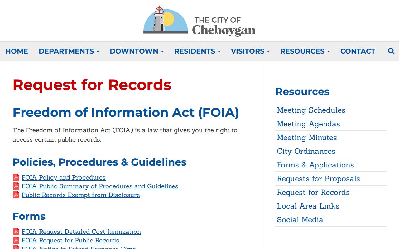 Cheboygan police FOIA criminal record request page