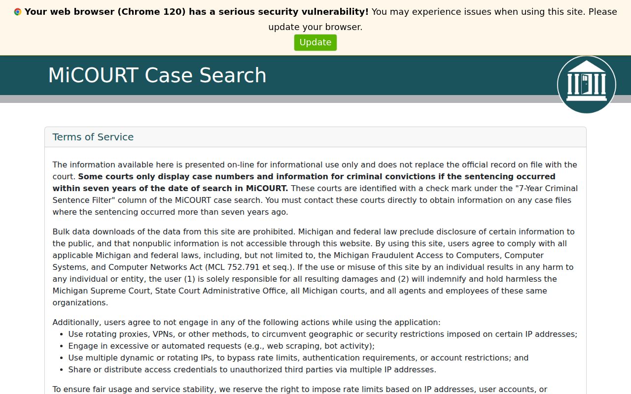 MiCOURT search fields for Cheboygan County criminal court cases